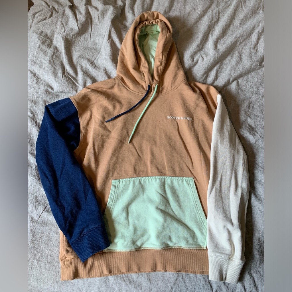 Scotch & Soda Hoodie Men's Extra Large Colorblock Beige Drawstring Long Sleeves